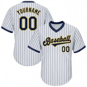 Custom White Navy Strip Navy-Gold Authentic Throwback Rib-Knit Baseball Jersey Shirt