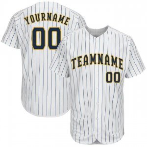 Custom White Royal Strip Navy-Gold Baseball Jersey