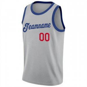 Custom Silver Gray Royal-Red Round Neck Rib-Knit Basketball Jersey