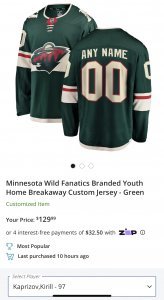 #97 Kirill Kaprizov Youth L/XL NHL Minnesota Wild fanatics Home breakaway jersey